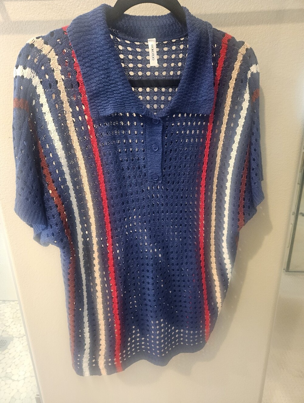 Dokotoo Blue Open Knit Crochet Polo Sweater Top Coastal Preppy